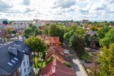 Water tower Krantz. The city water tower was built in Kranz in 1904. Tower height is 40 m. View from the tower to the city. Russia, Zelenogradsk, September 2, 2021.