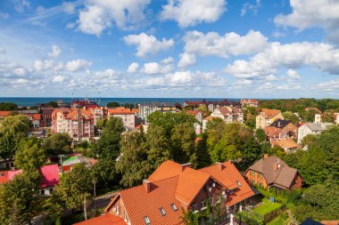 Water tower Krantz. The city water tower was built in Kranz in 1904. Tower height is 40 m. View from the tower to the city. Russia, Zelenogradsk, September 2, 2021.