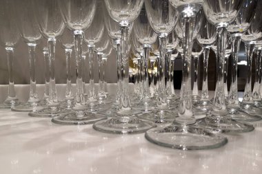 Celebration, many glasses of wine. Many glasses of different wine in a row on bar counter