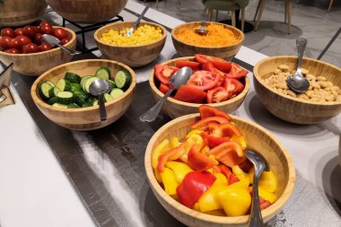 Choice of salads, buffet. Large selection of dishes in the restaurant, salads, meat barbecue, cake