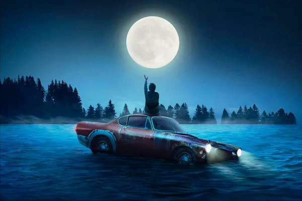 Man Sitting on Car Back View Car In the Water Night Scene with Moon Background