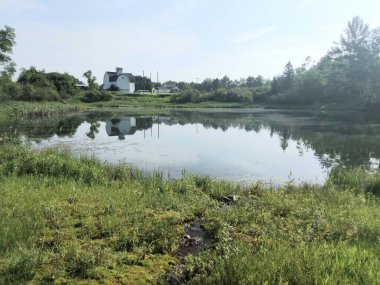 Old white barn reflection in pond