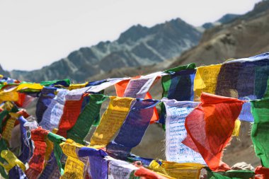 Tibetian Buddhist prayer flags at high altitude mountain pass- Fotu la Ladakh