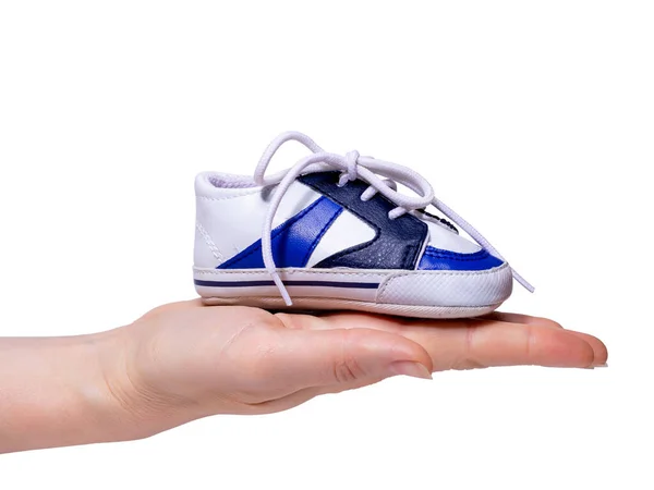 Woman Hand Small Child Shoe Concept Pregnancy Expecting Baby Isolated — Stockfoto