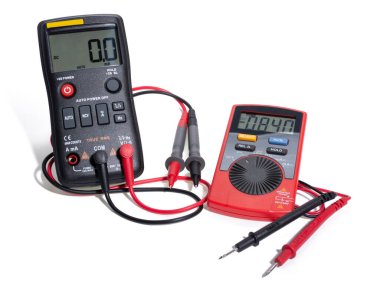 Two digital multimeters for electronics with probes. Black and red color. Whith red and black wires. Isolated on white background.