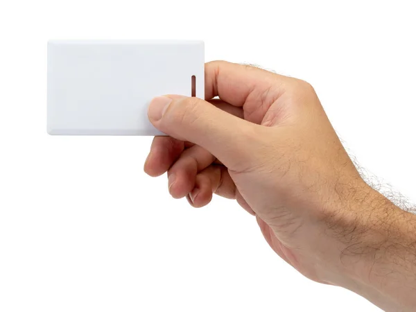 Man Hand Holding Blank Access Card Rfid Nfc Isolated White — 图库照片