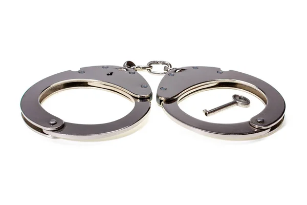 Handcuffs Whith Key Metal Original Isolated White Background Light Shadows — Stock Photo, Image