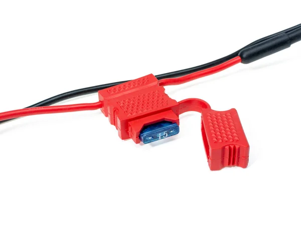 Red Fuse Holder Wires Industrial Automotive Blue Amp Fuse Installed — Stockfoto