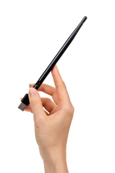 Woman Hand Holds Bluetooth Wifi Adapter Black Antenna Isolated White — 스톡 사진