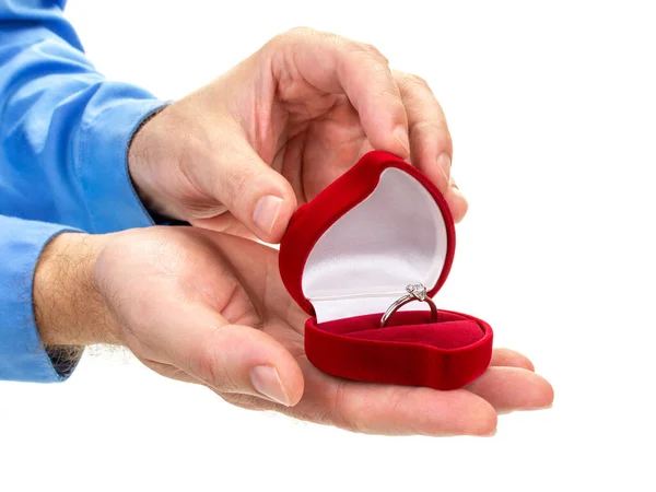 Male Hands Open Red Velvet Box Containing Diamond Ring Concept — Stockfoto