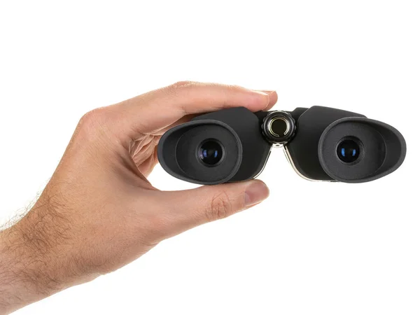 Man Hand Holds Modern Compact Binoculars Front View Search Concept — Stock Fotó