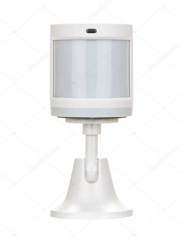 Wireless infrared motion sensor PIR. Battery powered for smart home or alarm system. Front view, isolated on white background.