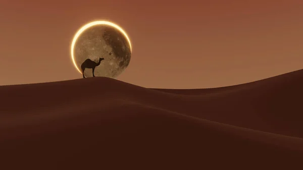A camel silhouette on the top of dune desert with diamond ring sun eclipse in background  (3D Rendering)