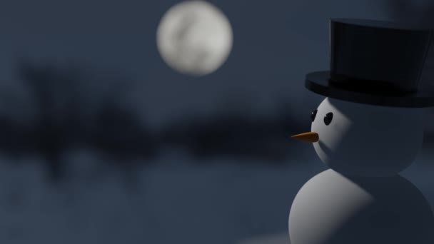 Snowman Face Falling Snow Full Moon Background Rendering — ストック動画
