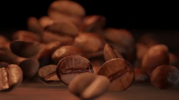 Coffee Beans Falling Wooden Table Rendering — Vídeo de Stock