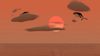 Flying Humpback whale over sunset sea (3D Rendering)