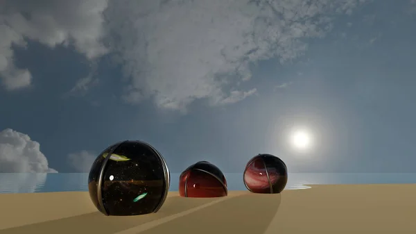Multi universe in portal ball on a beach with sunset sea in background (3D Rendering)