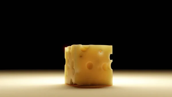 Cam mutfak masasında yakın mesafeden peynir küpü (3D görüntüleme)
