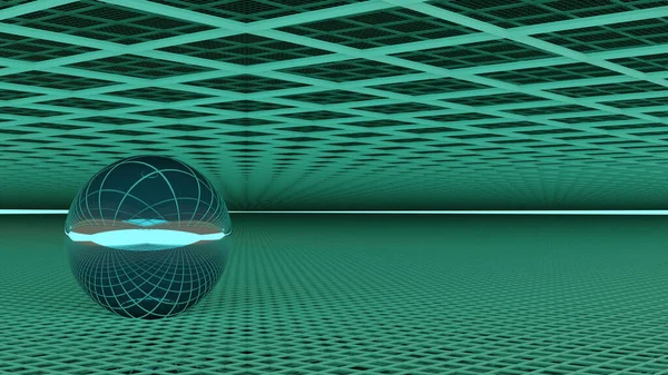 Mirror Ball Green Wireframe Floor Rendering — Stock Photo, Image