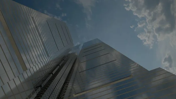 Fel Szög Felhőkarcoló Sarok Annak Tükröződése Kék Felhő Háttér Renderelés — Stock Fotó