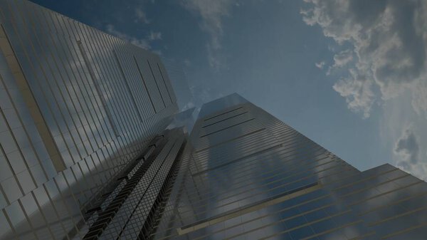 Up angle of skyscraper corner and its reflection with blue sky cloud background (3D Rendering)