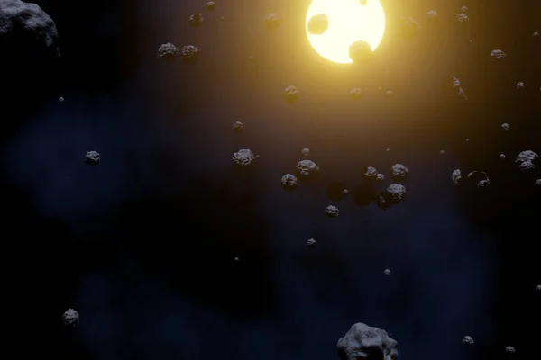 Niektóre Asteroidy Polu Asteroid Jest Tranzytem Żółtej Gwiazdy Rendering — Zdjęcie stockowe