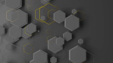 Altıgen nesnelerin karışık boyutu gri zemine düşüyor (3B Hazırlama)