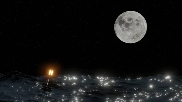 一个浮标在满月的汹涌大海中漂浮 3D渲染 — 图库照片