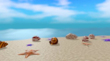 Sahilde karışık deniz kabuğu ve yıldız balığı türleri (3D rendering)