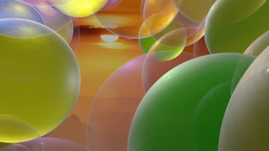 Renkli şeffaf balonlar bir akşamda alacakaranlık arkaplanı ile akmaktadır (3D görüntüleme)