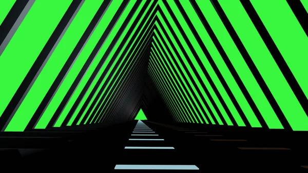 Dreieckstunnel Und Sein Blau Beleuchtetes Bodenlicht Mit Grünem Bildschirmhintergrund Rendering — Stockfoto