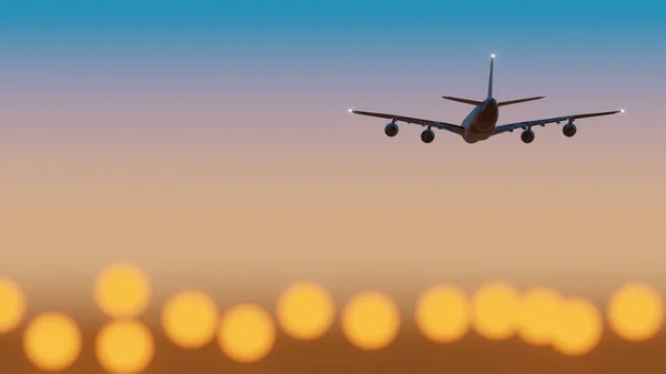 Bir siluet uçak gün batımında turuncu bulanık havaalanı ışıklarıyla bir havaalanına iniyor (3D Rendering)