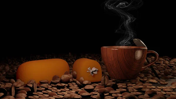 热咖啡杯和黄面包 背景昏暗 3D渲染 — 图库照片