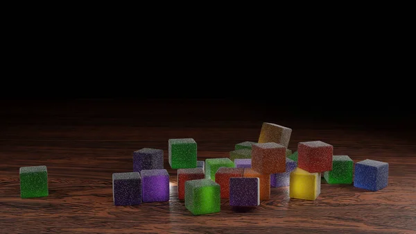 Colorful jelly cube on a wooden desk with dark background (3D Rendering)