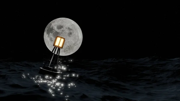 A buoy is floating on stormy ocean with full moon sky (3D Rendering)