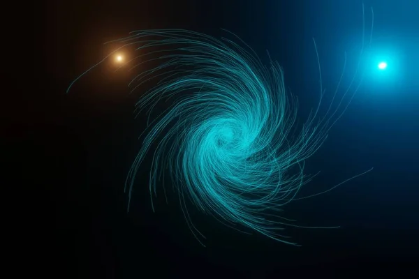 Blue energy vortex near a binary stars system (blue and orange star 3D Rendering)