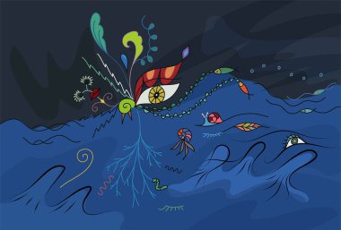 On the dark blue night sea, there is a strange-colored monster with one yellow eye and flying leaves floating on the water, and there are all kinds of strange insects underwater.