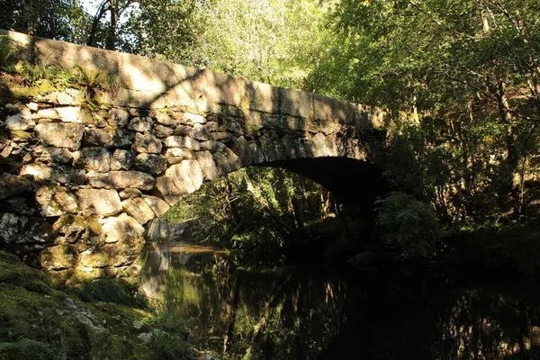 Traditional stone bridge over the river Vilacova in Noia