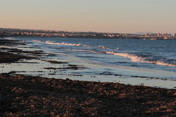 Soft Waves Meditarranean Sea Sunset Beach Demolished Tower — Stockfoto