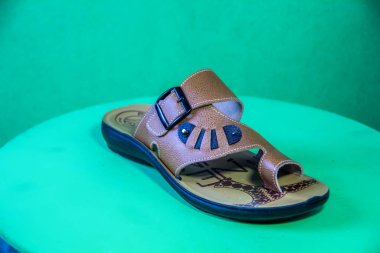 Illustrative Editorial branded photography, Slipper shouted on green Background, shot is selective focus with shallow depth of field. Photos taken at Cairo Egypt on 28 March 2019