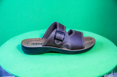 Illustrative Editorial branded photography, Slipper shouted on green Background, shot is selective focus with shallow depth of field. Photos taken at Cairo Egypt on 28 March 2019