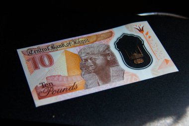 Egyptian polymer banknote, Egyptian 10 pounds, shot is selective focus with shallow depth of field. Taken at Cairo Egypt.