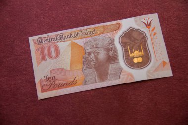 Egyptian polymer banknote, Egyptian 10 pounds, shot is selective focus with shallow depth of field. Taken at Cairo Egypt.
