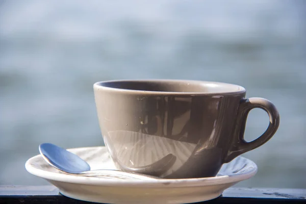 Cup Coffee Nile View Shot Selective Focus Shallow Depth Field — Zdjęcie stockowe