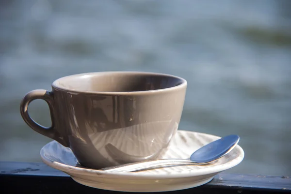 Cup Coffee Nile View Shot Selective Focus Shallow Depth Field — Zdjęcie stockowe