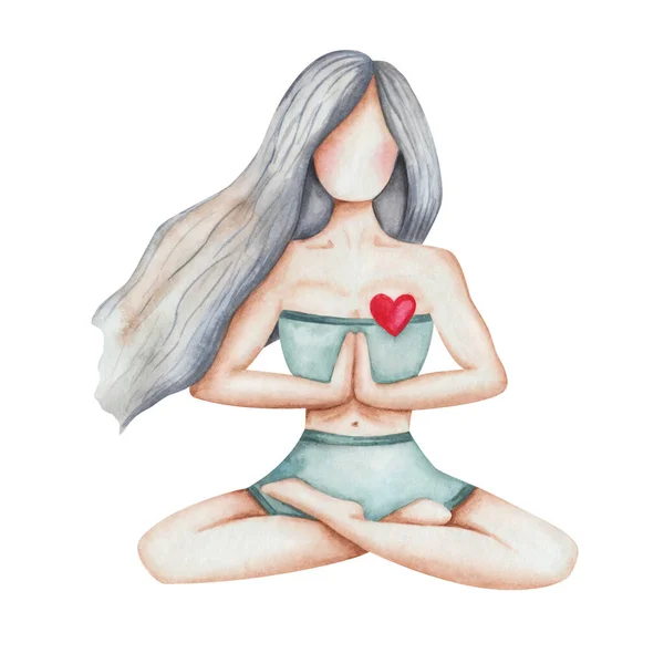Watercolor illustration of hand painted woman sitting in lotus pose with hands in namaste. Yoga girl in sport costume with long hair and red heart. Isolated clip art element for banners, posters