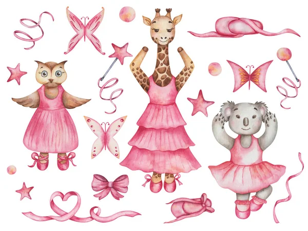 Watercolor illustration of hand painted grey koala bear, brown giraffe and owl bird. Girls in dance studio in pink dresses, ballet shoes. Cartoon animal characters. Isolated clip art for print, cards