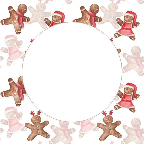 Watercolor Frame Hand Painted Illustration Brown Gingerbread Cookies Little Man — Stock Photo, Image