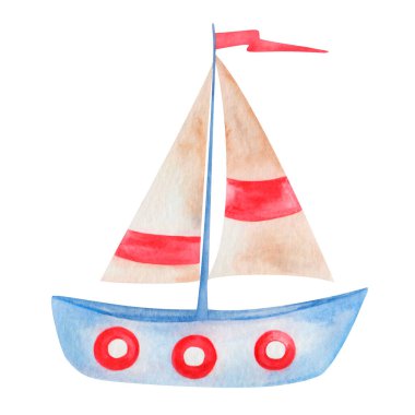 Watercolor illustration of hand painted sailing ship blue, beige and red with sails and flag isolated on white. Marine toy boat, clip art vessel element for fabric textile, print, summer design cards