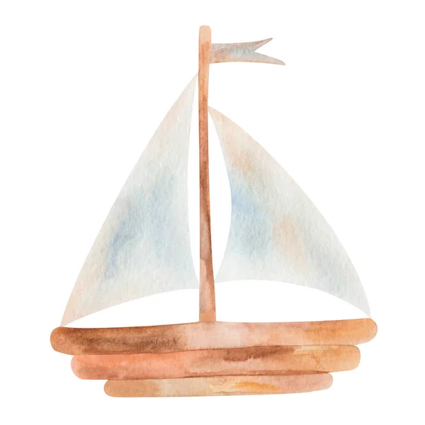 Watercolor Illustration Hand Painted Brown Wooden Ship Toy Vessel Blue — Stok fotoğraf